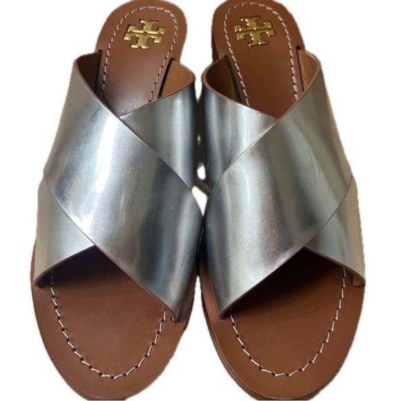 Tory Burch Montrose Stacked Block Heel in Silver, Size 6.5M - Picture 1 of 13